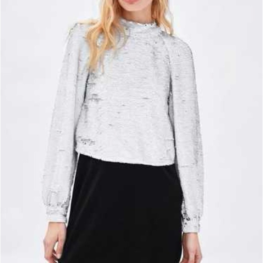 Zara Silver White Sequin Blouse Top Shimmer Sparkle Party Holiday Blouse Size M